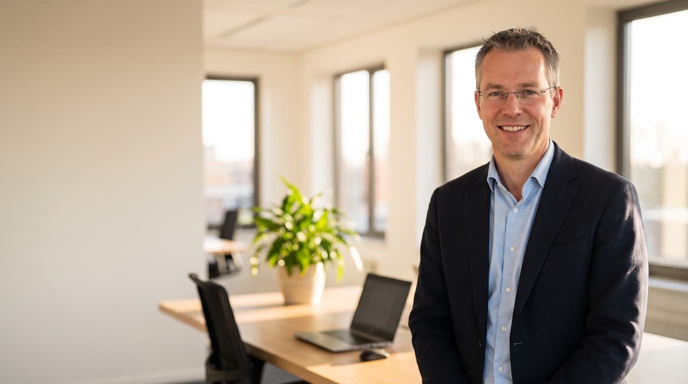 Accountant met bril in een licht modern kantoor