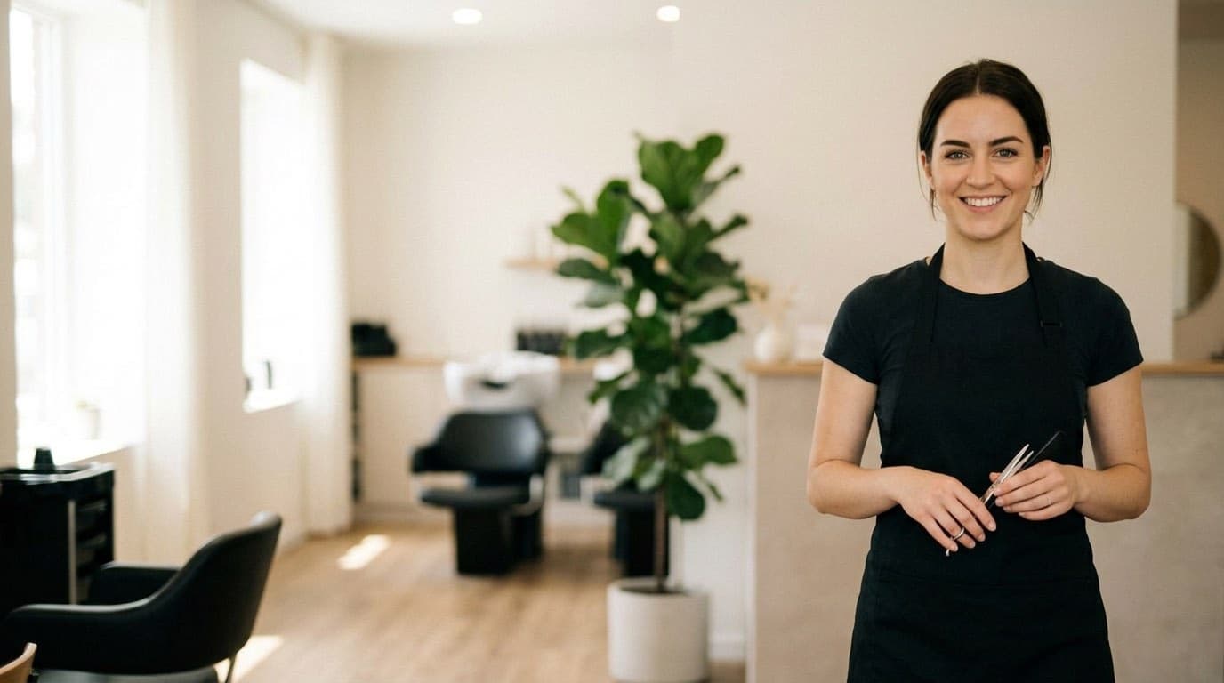 Kapper met schaar in de hand in een lichte moderne kapsalon