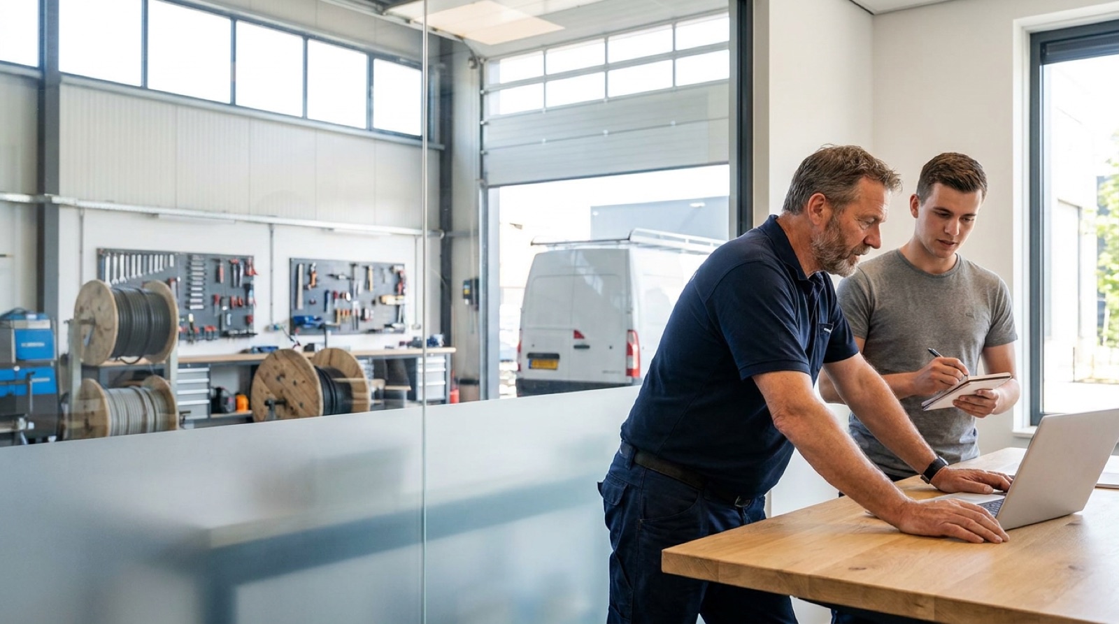 Ervaren medewerker laat een jongere collega aan de werkbank iets zien op een laptop