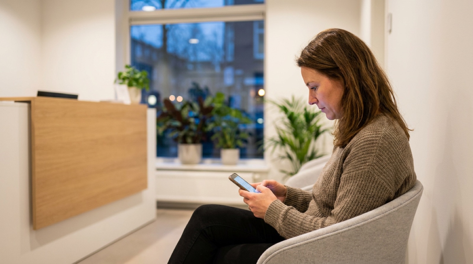 Klant typt een vraag op haar telefoon in de wachtruimte van een moderne praktijk