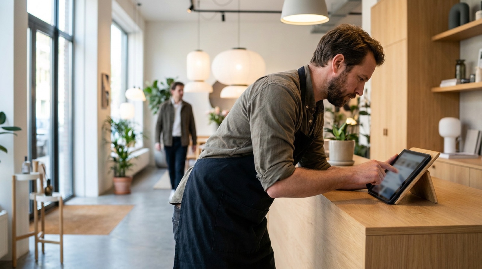 Winkelier bekijkt zijn eigen website op een tablet op de toonbank terwijl een klant rondkijkt
